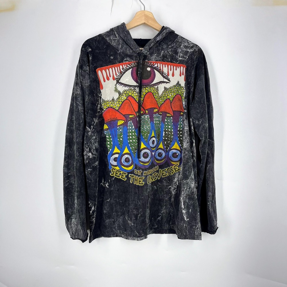 No Time Mens Acid Wash Psychedelic‎ Mushroom Eye Graphic Long Sleeve Hoodie SZ L